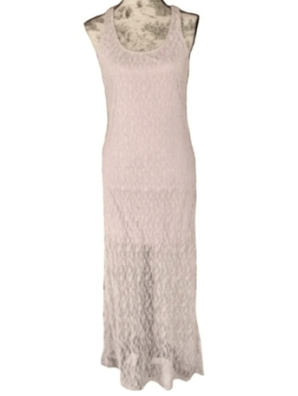 Mauve Gray Neutral Taupe Fitted Stretch Lace Dress ISSI Sheer Bodycon Midi Maxi